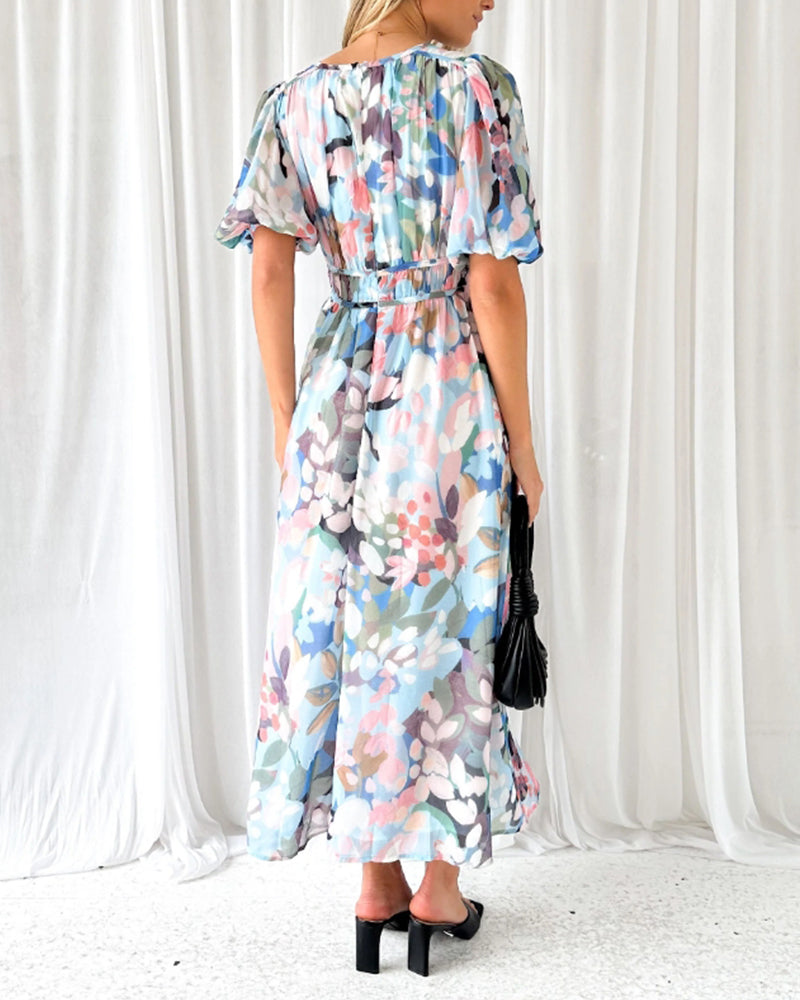 Floral Chiffon V-Neck Long Sleeve Ruched Waist Maxi Dress 10