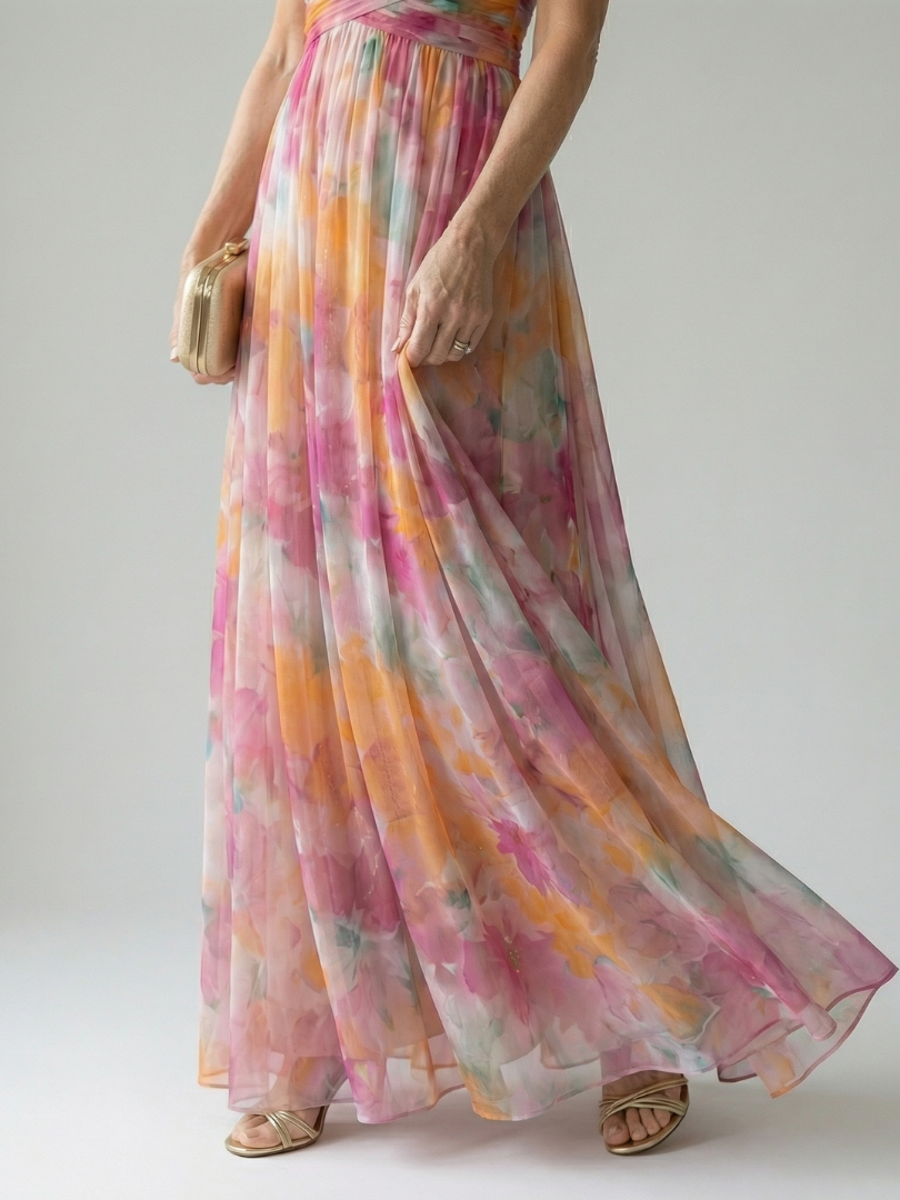 V-Neck Spaghetti Strap Floral Tulle Maxi Dress 4