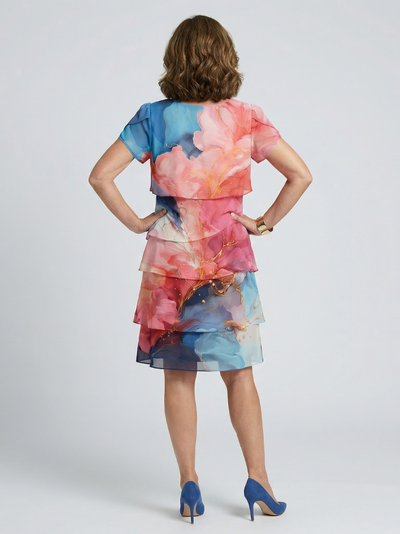 Round Neck Short Sleeve Abstract Print Tiered Knee Length Dress 4