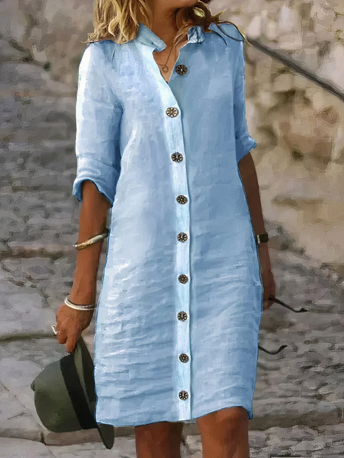 Crinkled Weave Shirt Collar Button Front 3/4 Sleeve Midi Shirt Dress