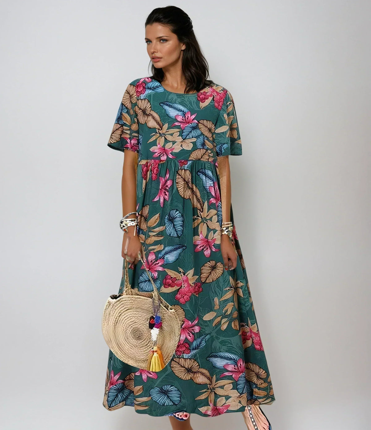 Tropical Floral Round Neck Short Sleeve Tiered Midi Dress 3