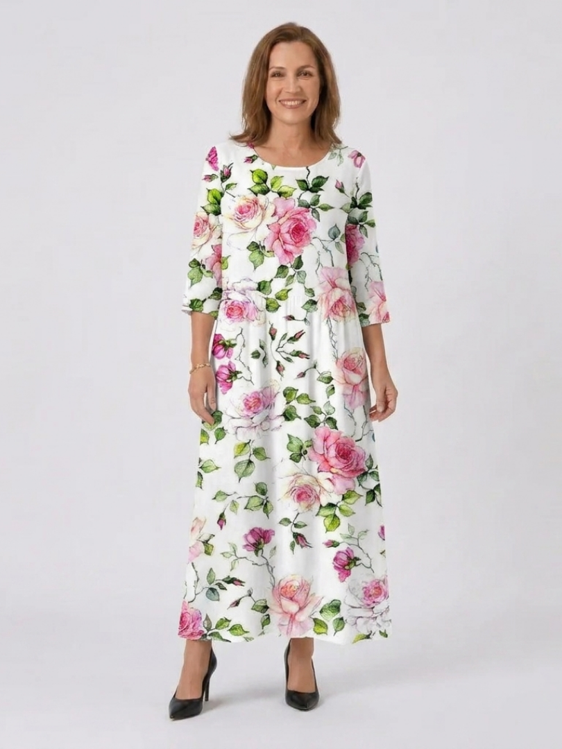 Floral Rose Print Round Neck Three Quarter Sleeve Maxi Dress