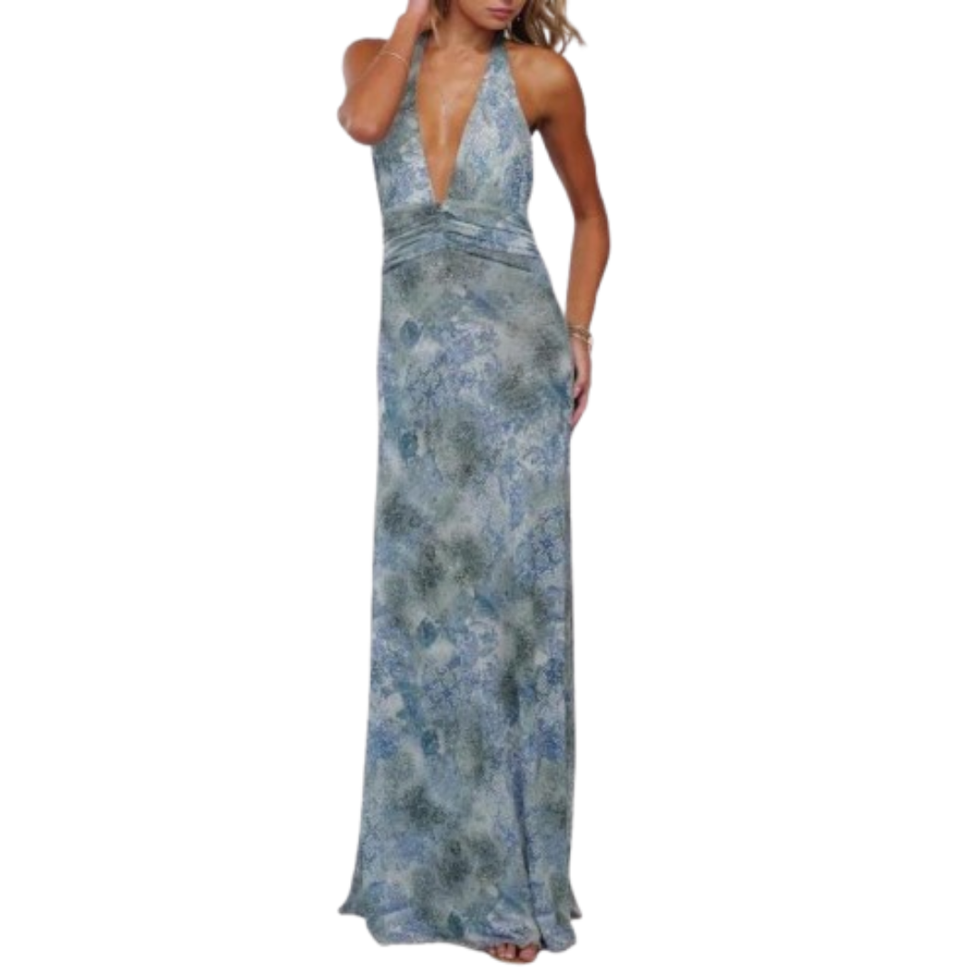 Floral Halter Neck Deep V-Neck Ruched Maxi Dress 4