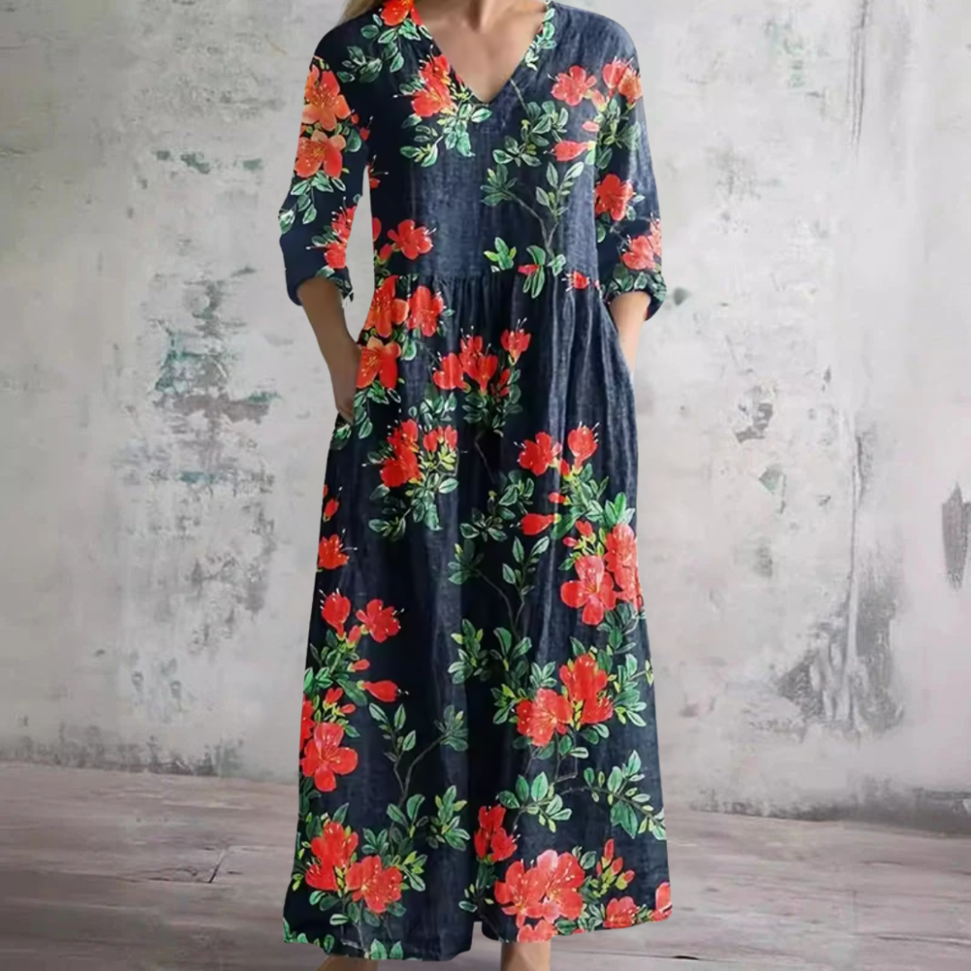 V-Neck Long Sleeve Floral Print Tiered Maxi Dress