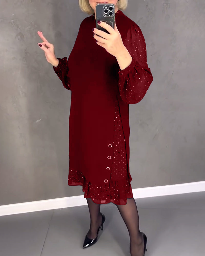 Round Neck Sheer Dot Sleeve Ruffle Hem Shift Midi Dress 9