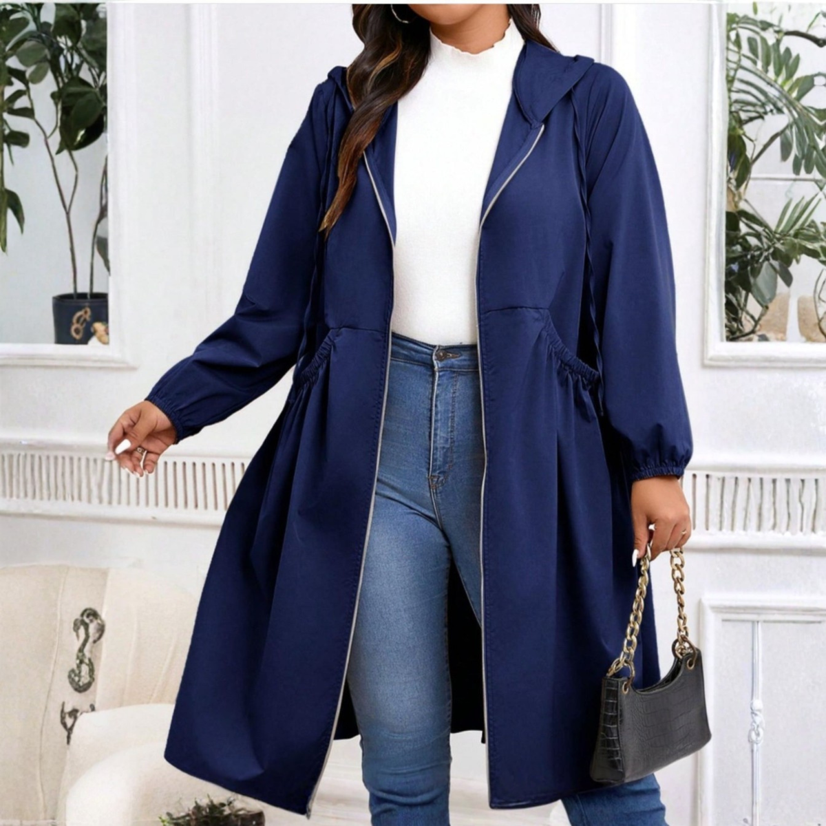 Hooded Zip Front Drawstring Longline Coat