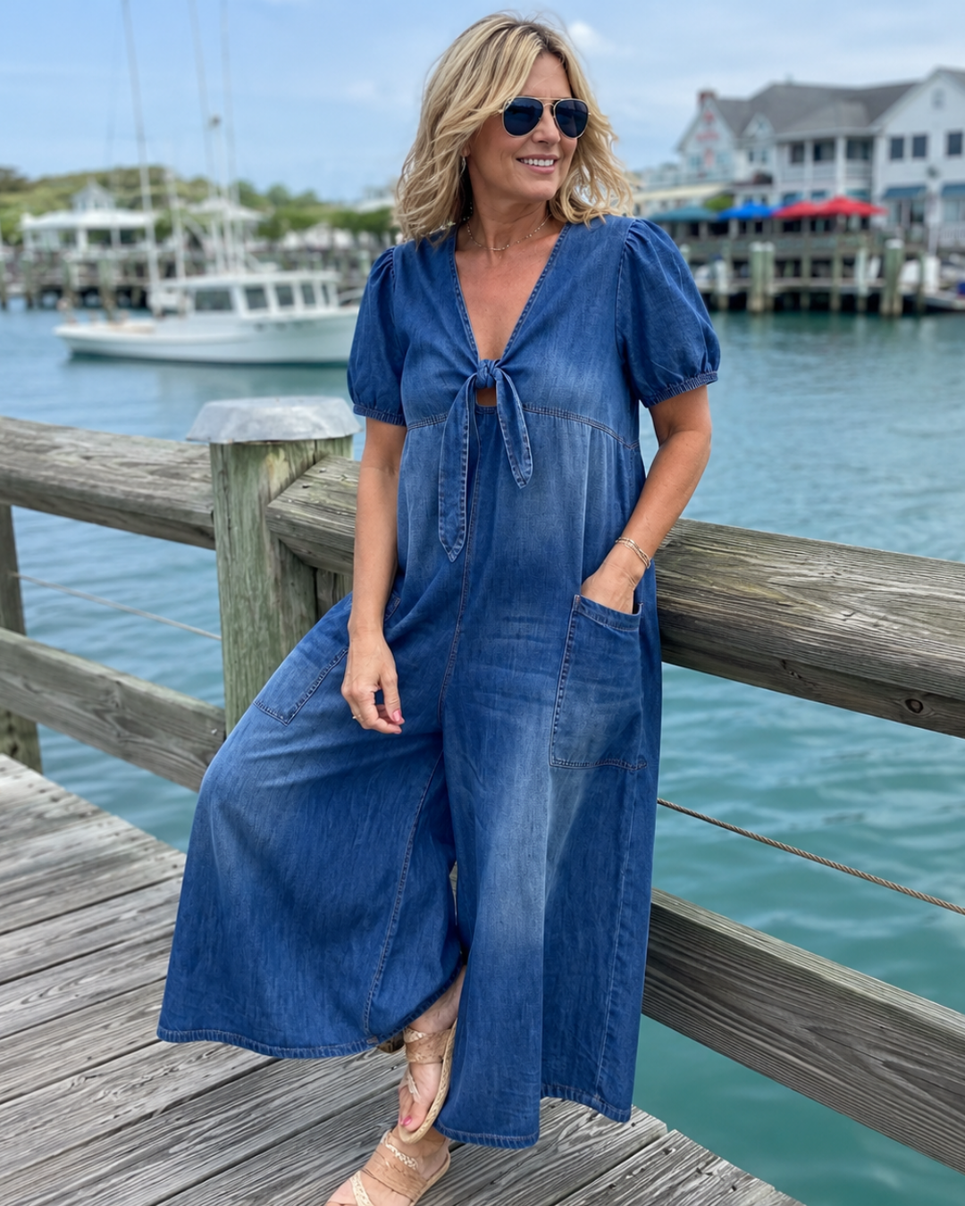 Denim Look Tie Front V-Neck Puff Sleeve Wide Leg Jumpsuit 2