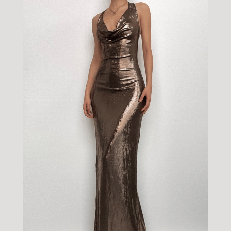 Metallic Cowl Neck Ruched Halter Backless Maxi Dress - View 2