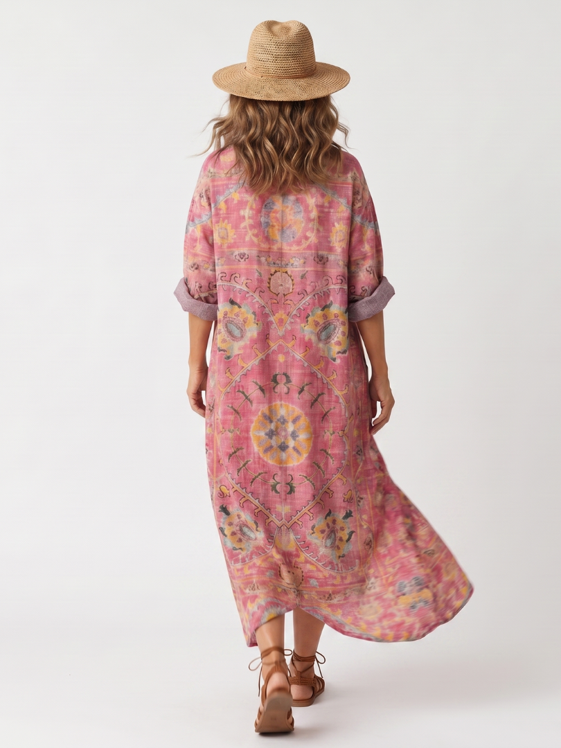 Medallion Print V-Neck Roll Sleeve Kaftan Maxi Dress 4