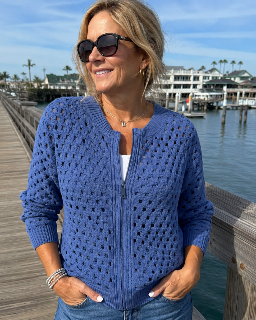 Open Crochet Knit Zip Front Long Sleeve Cardigan 3