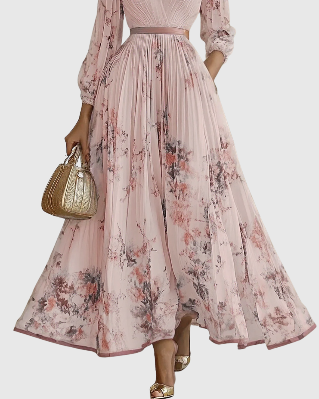 Floral Deep V-Neck Pleated Belted Midi Dress 13
