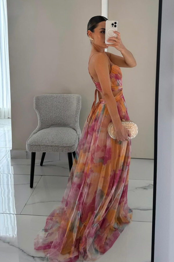 Floral Print Tulle V-Neck Spaghetti Strap High Split Maxi Gown 3
