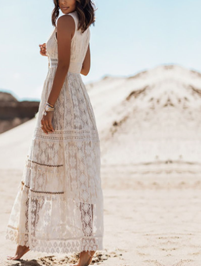 Lace Deep V-Neck Crochet Trim Empire Waist Tiered Maxi Dress - View 4