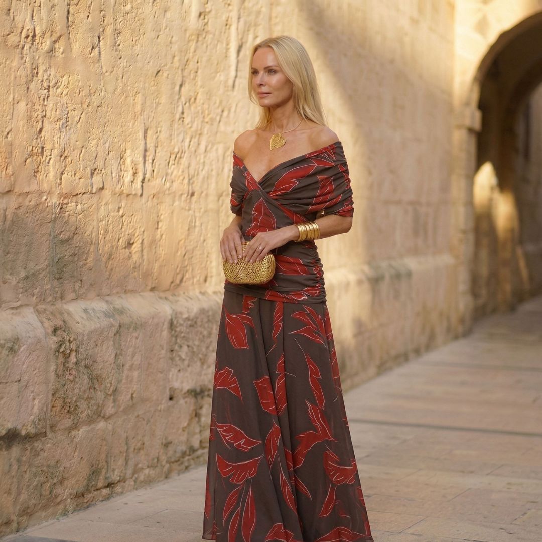 Leaf Print Off Shoulder Twist Front Ruched Maxi Dress