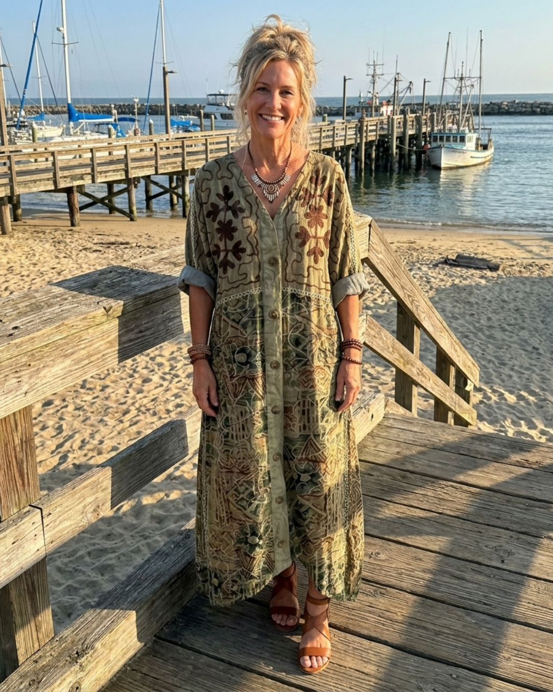 Patchwork Print V-Neck Button Front Handkerchief Hem Maxi Dress 3