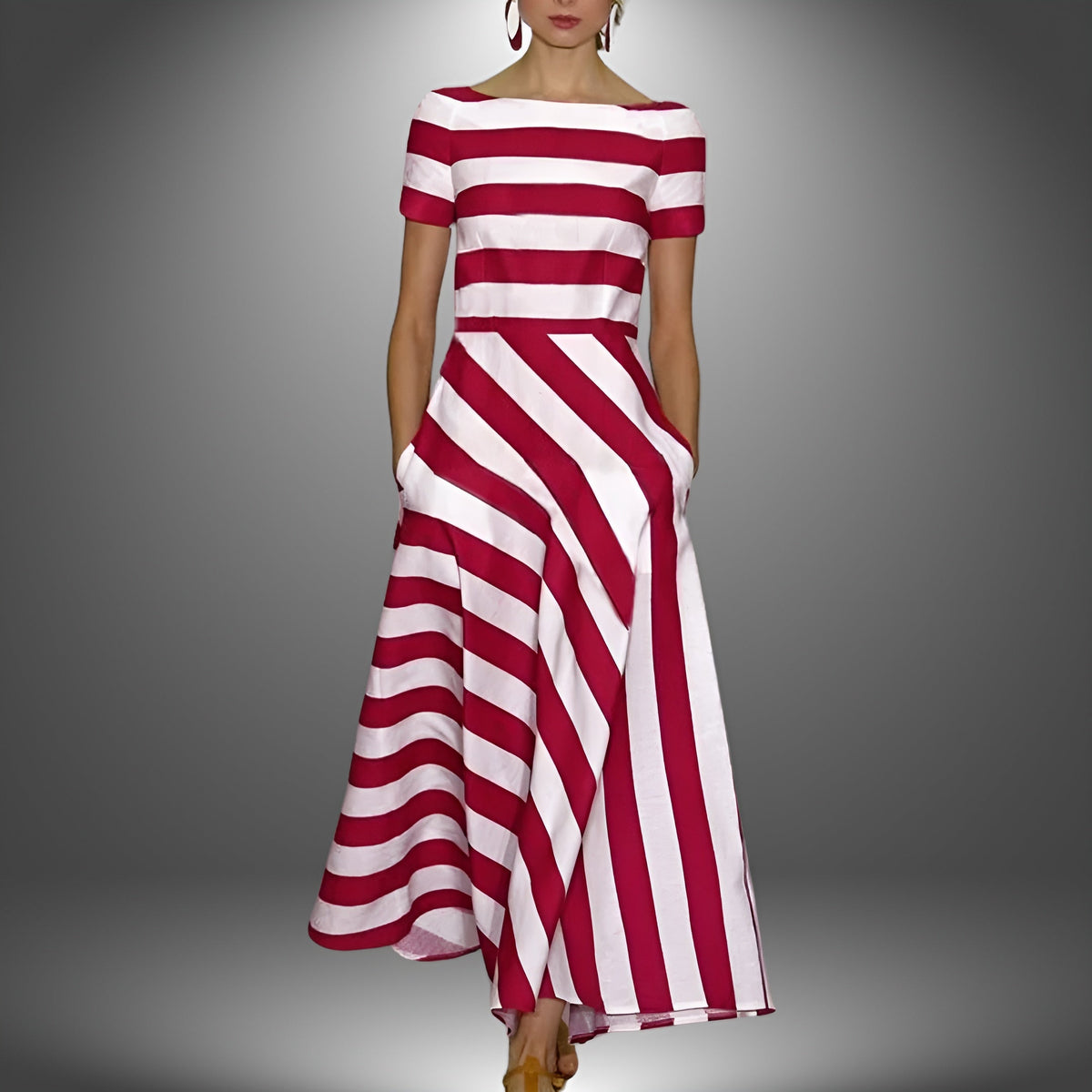 Striped Boat Neck Short Sleeve Fit and Flare Maxi Dress 2