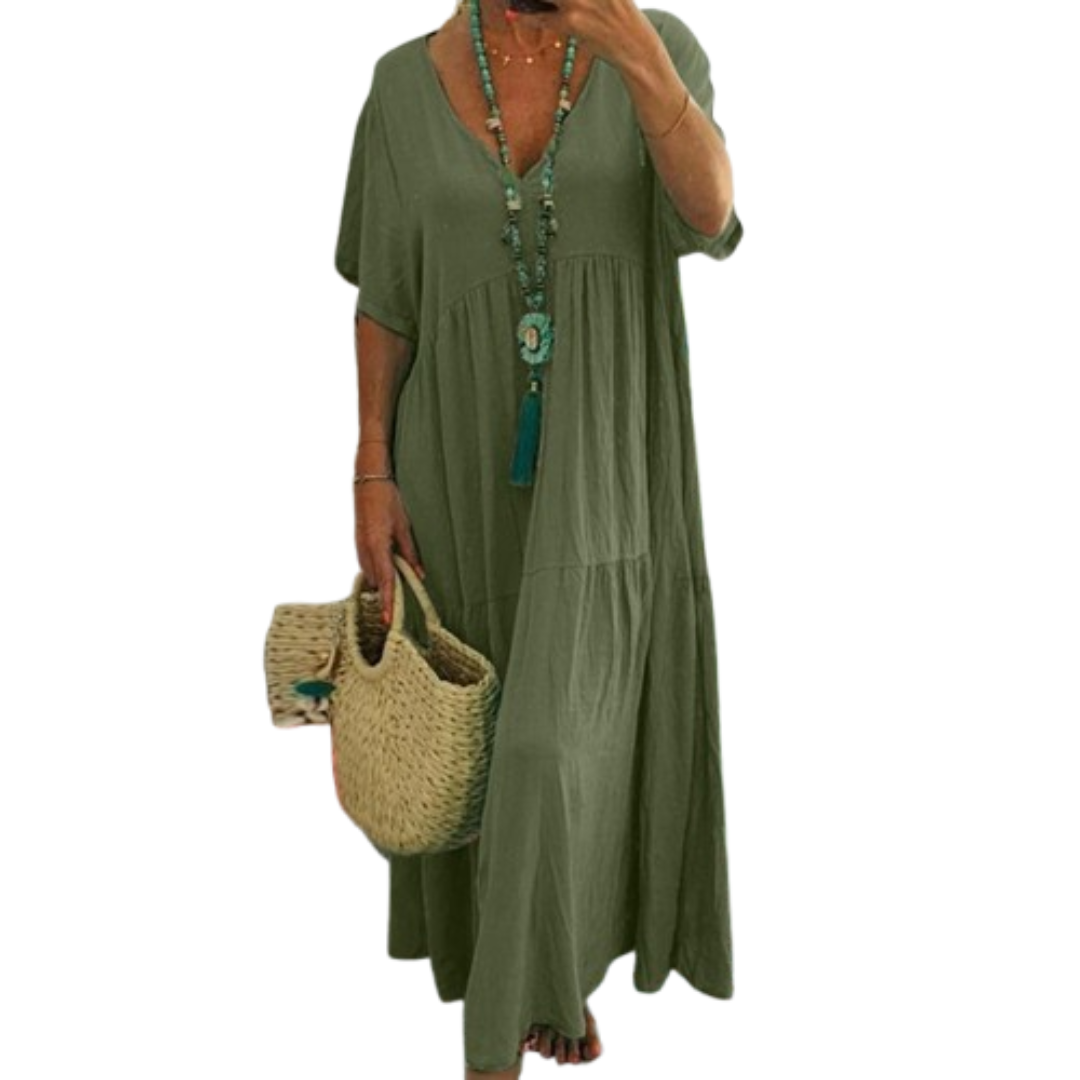 V-Neck Short Sleeve Tiered Boho Maxi Dress 4