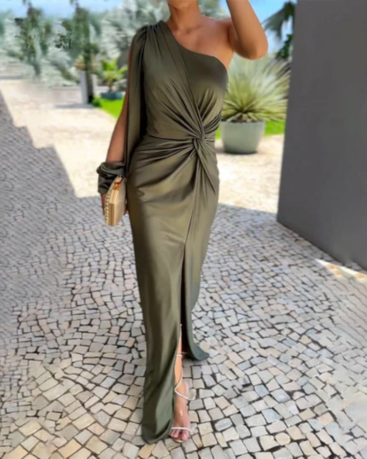 One Shoulder Long Sleeve Ruched Satin High Split Gown 4