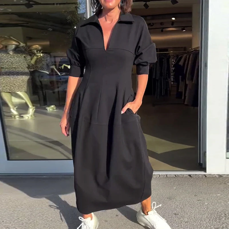 Collared V-Neck Short Sleeve Pocket Cocoon Midi Dress 9