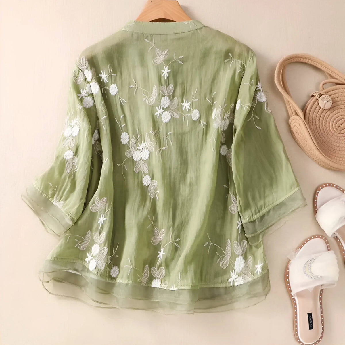 Stand Collar Floral Embroidered Sheer Button Front Blouse 4