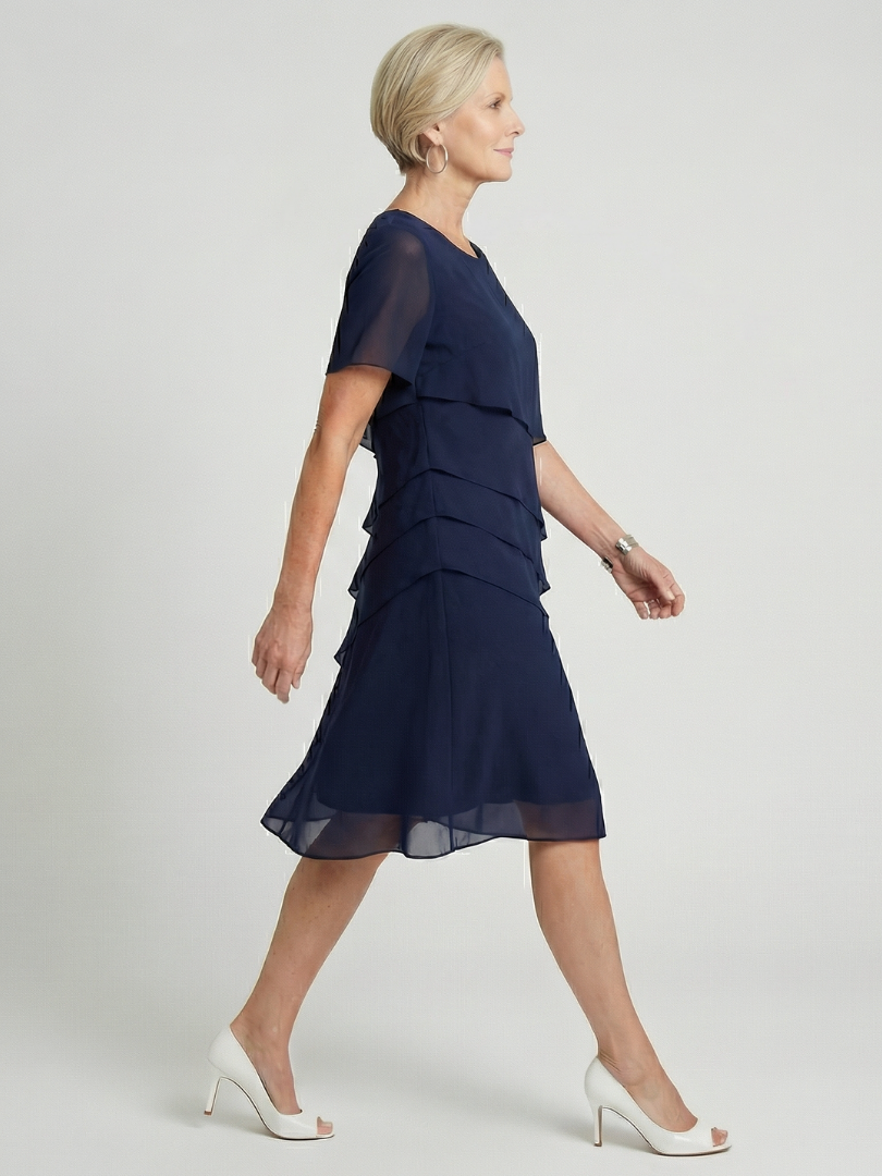 Round Neck Short Sleeve Tiered Knee Length Dress 2
