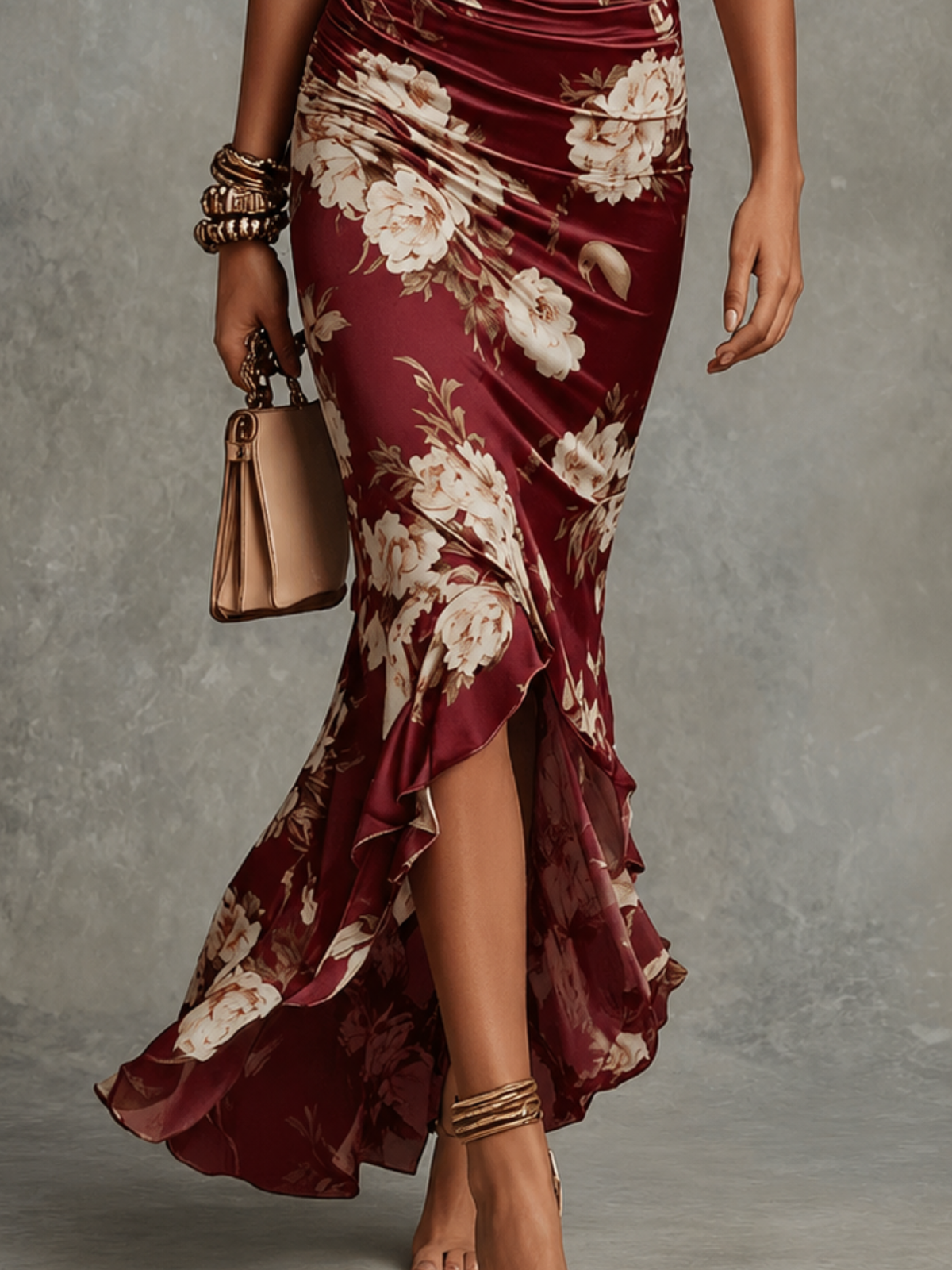 Floral V-Neck Ruffle Sleeve Ruched High Split Maxi Dress 5