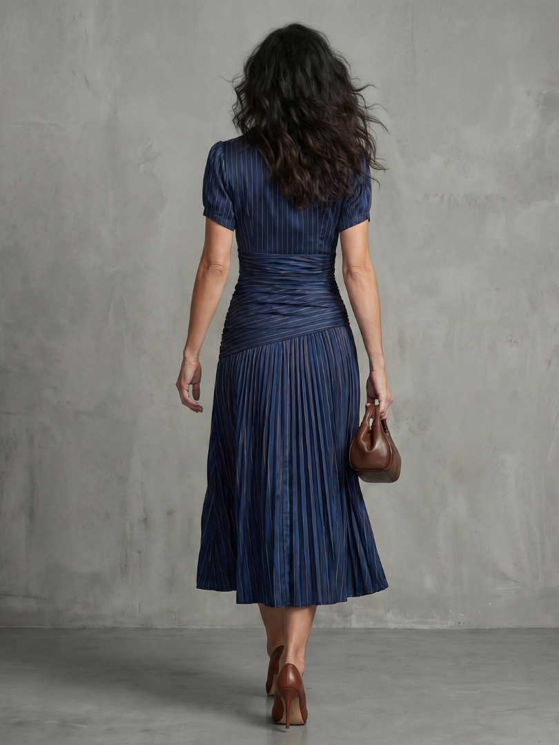 Striped Collared Short Sleeve Ruched Pleated Midi Dress 4