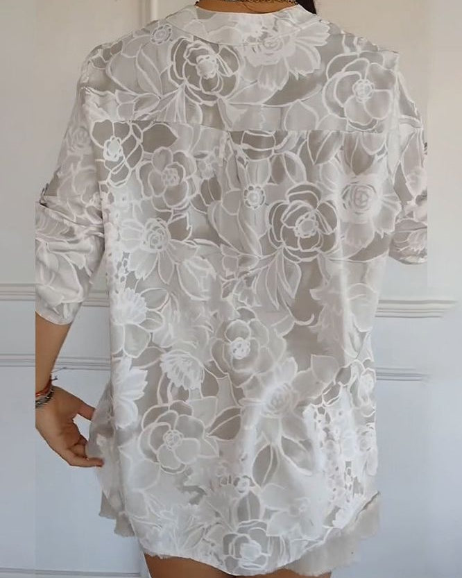 Floral Print Sequin Pocket Half Sleeve Blouse 7