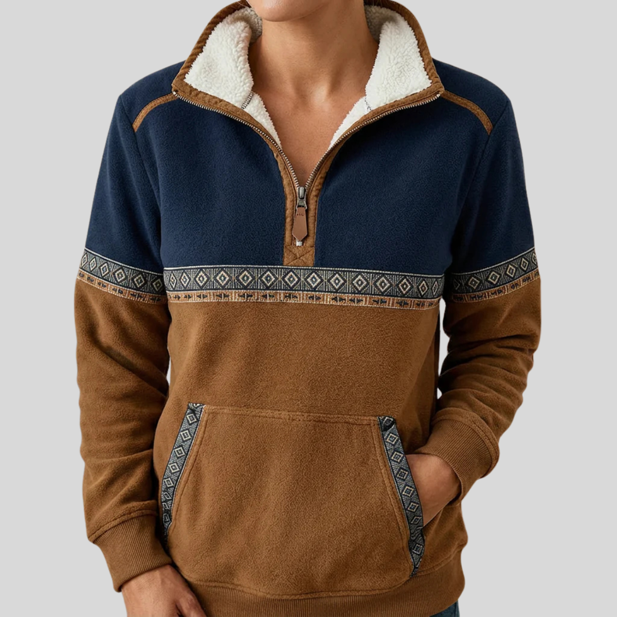 Sherpa Collar Quarter Zip Aztec Trim Sweatshirt 4