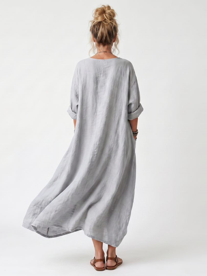 Border Print V-Neck Long Sleeve Pocket Maxi Dress 4