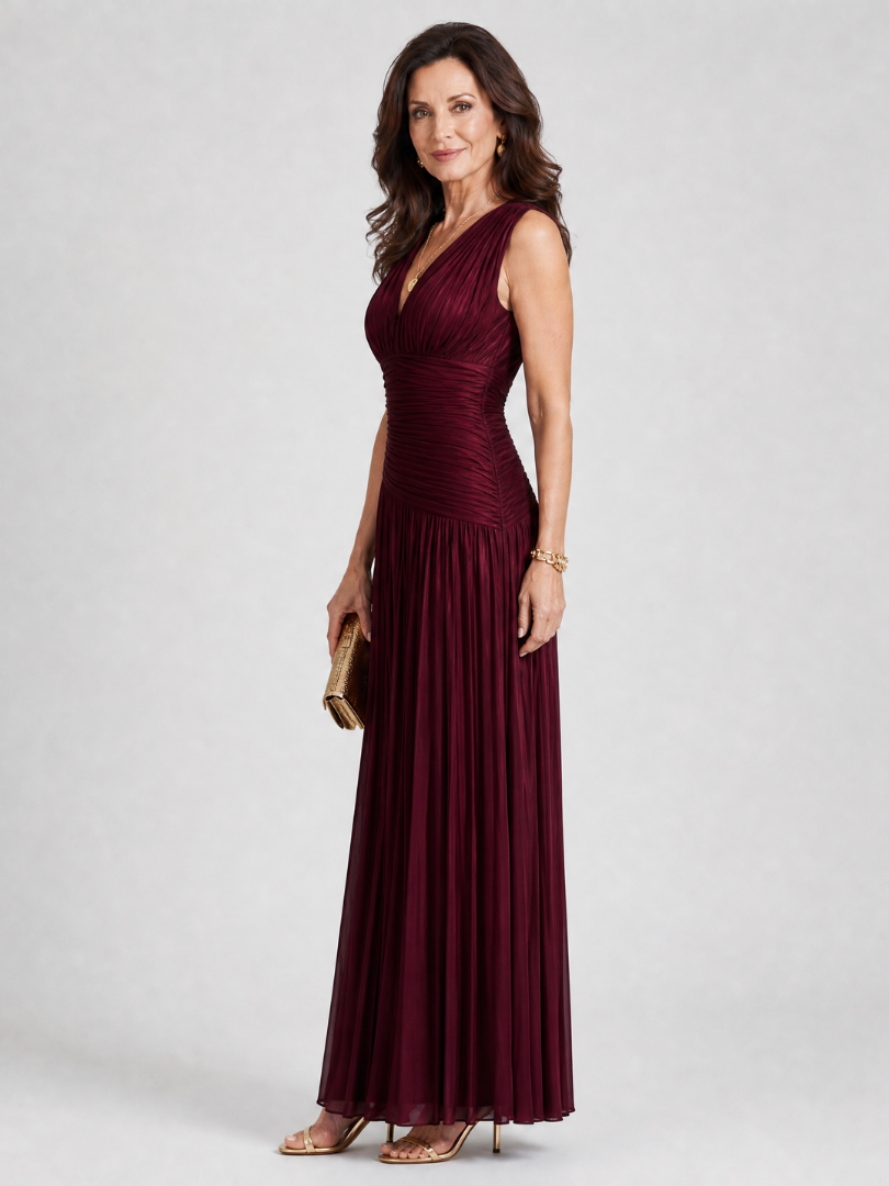 Pleated V-Neck Sleeveless Ruched Waist Maxi Gown 2