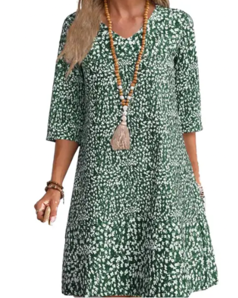 Abstract Print V-Neck Three Quarter Sleeve Tiered Shift Mini Dress - View 2