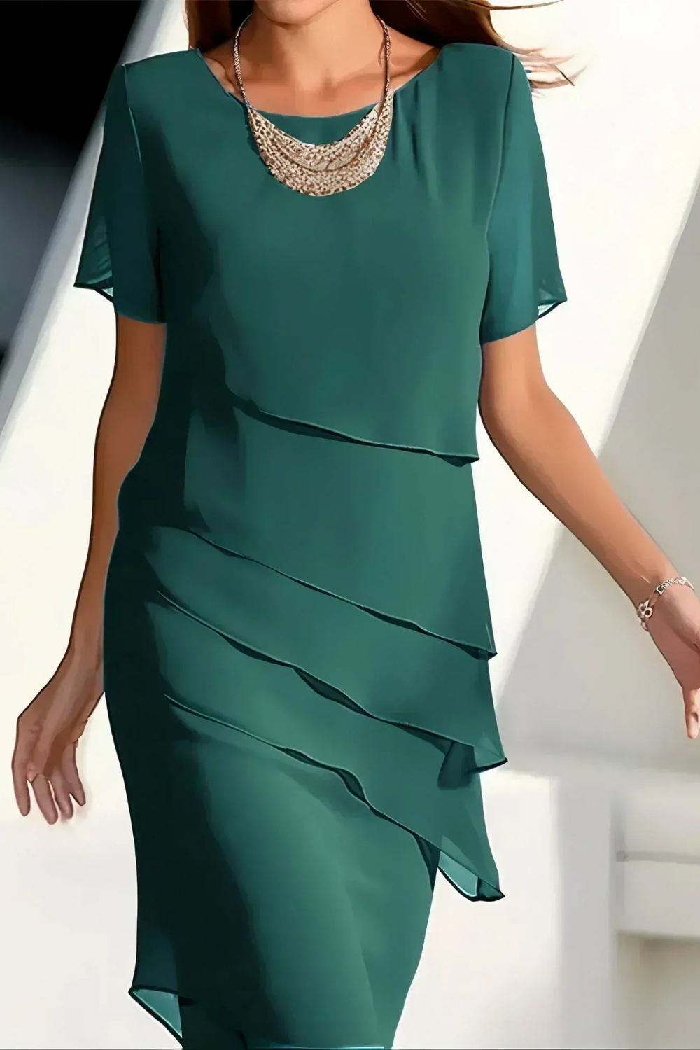 Round Neck Short Sleeve Tiered Ruffle Chiffon Midi Dress 4