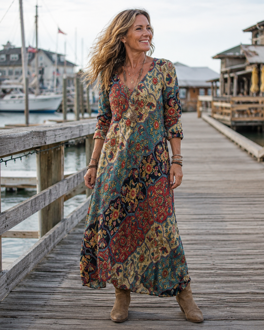 Patchwork Floral Print V-Neck Long Sleeve Boho Maxi Dress