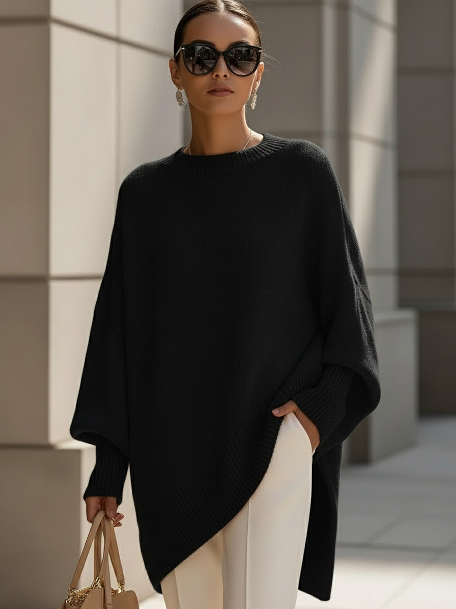 Mock Neck Oversized Asymmetric Hem Ribbed Poncho Sweater 2