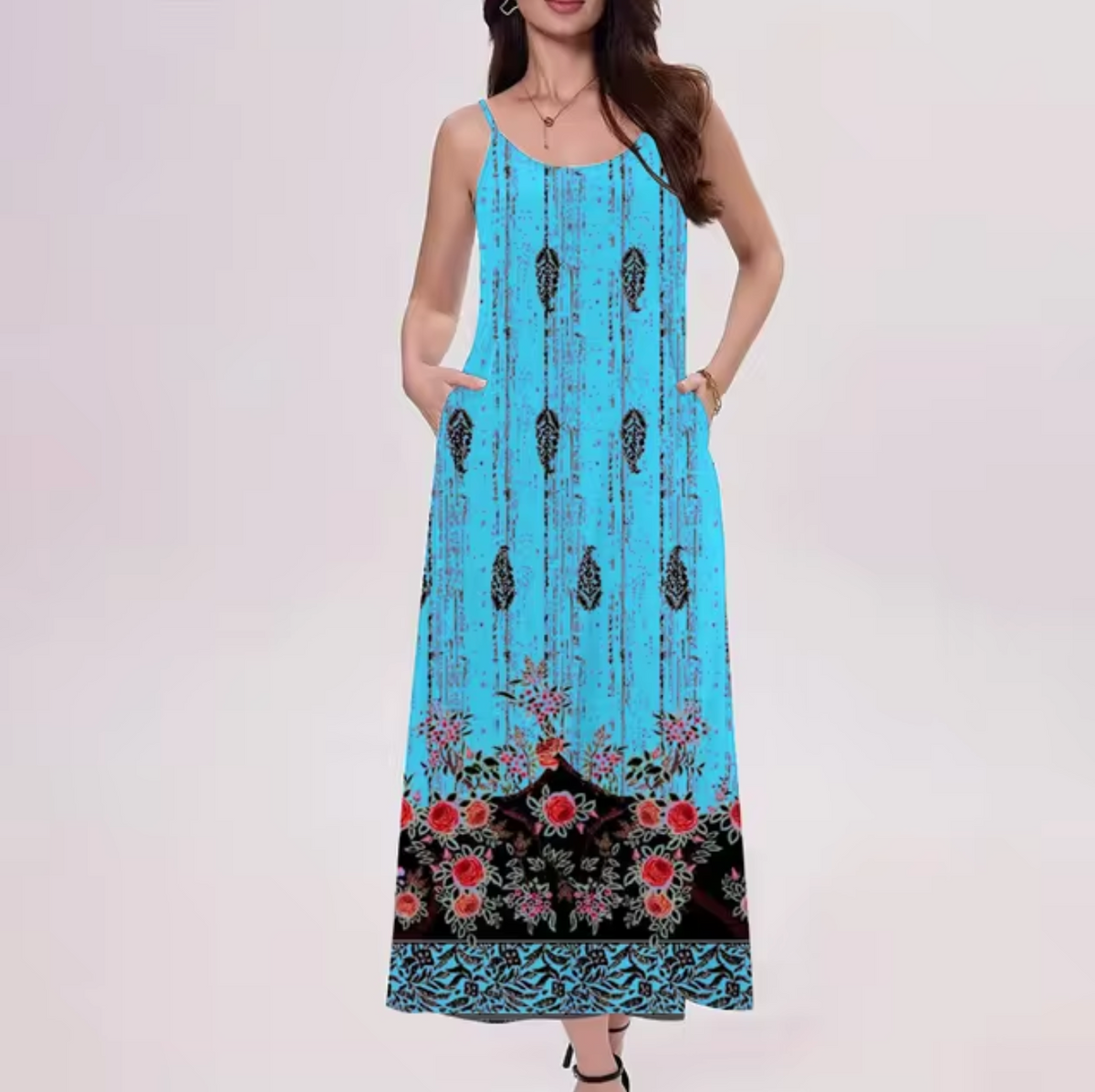 Floral Border Print Spaghetti Strap Scoop Neck A-Line Maxi Dress - View 4