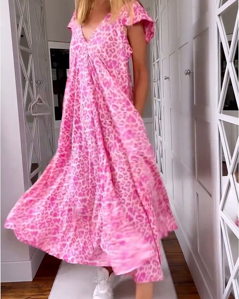 V-Neck Short Sleeve A-Line Midi Dress - View 2