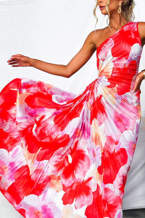 Floral Print One Shoulder Pleated Maxi Dress 5