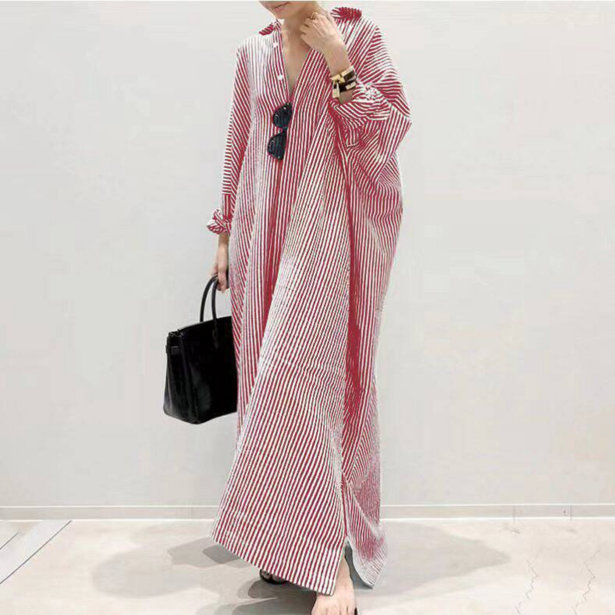 Striped Long Sleeve Button Front Oversized Shirt Maxi Dress 5