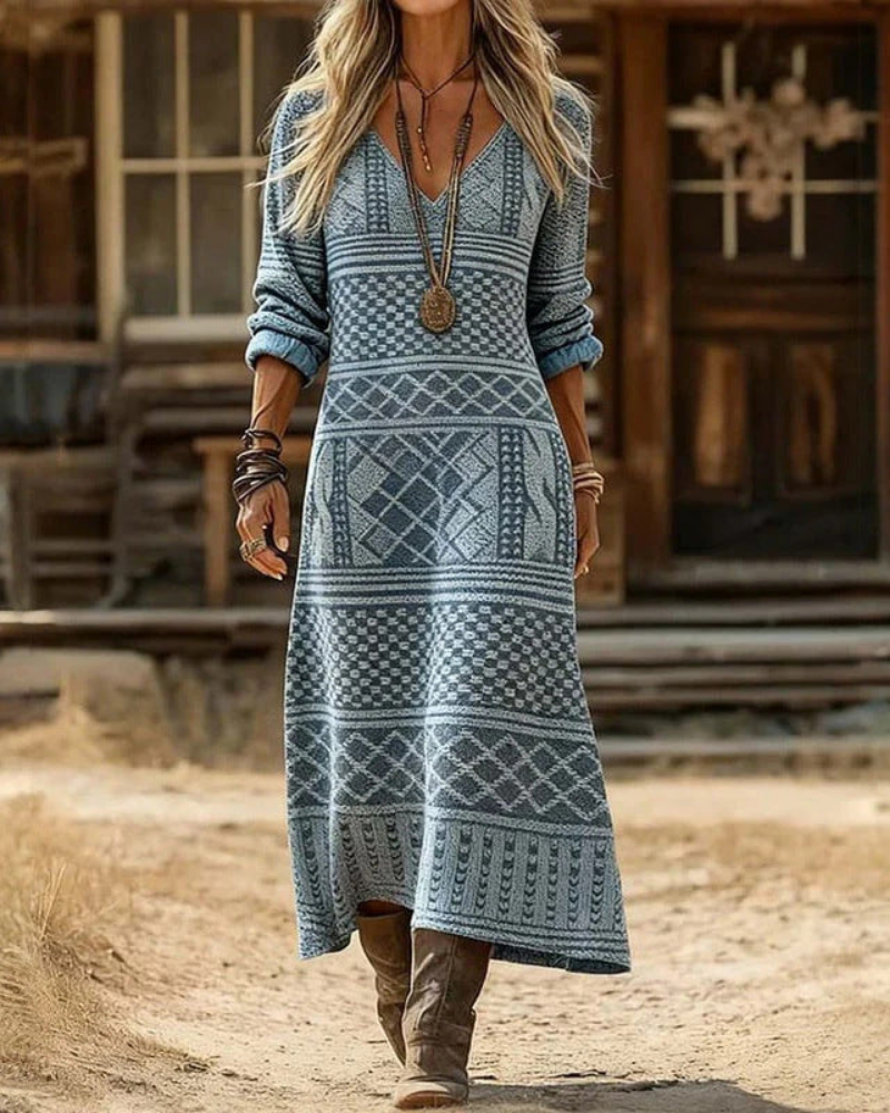 Embroidered V-Neck Long Sleeve A-Line Maxi Dress 4