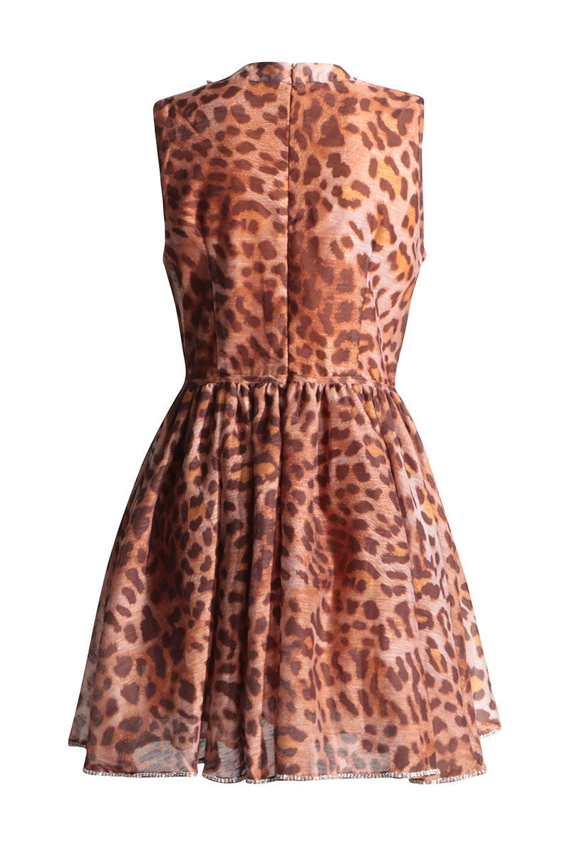 Leopard Print Round Neck Crystal Trim Corset Fit and Flare Mini Dress - View 5