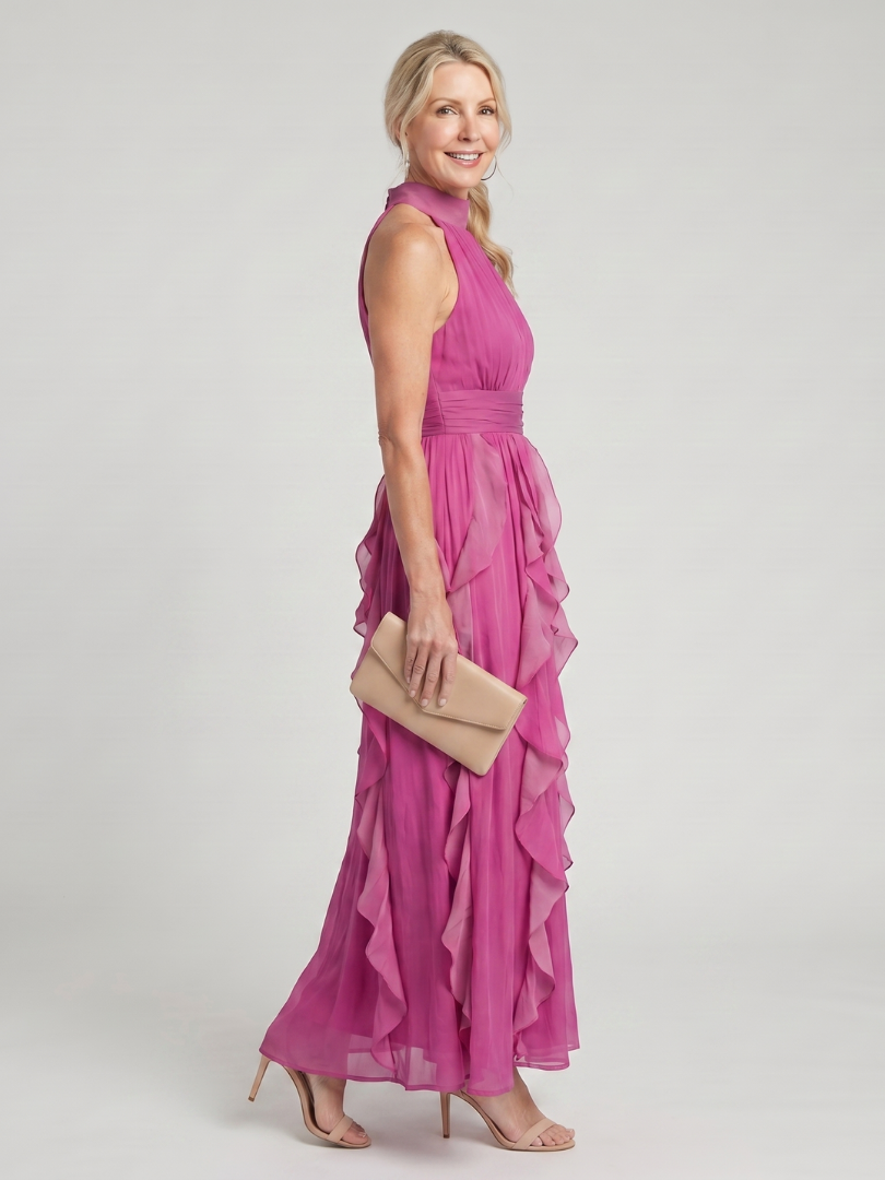 Halter Neck Ruched Cascade Ruffle Chiffon Maxi Dress 4
