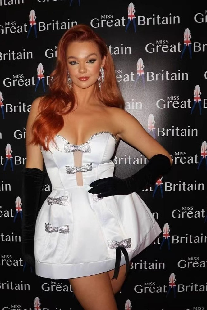 Satin Strapless Crystal Bow Fit and Flare Mini Dress - View 2