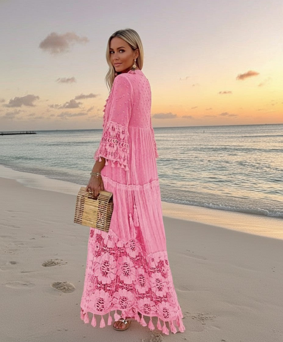 Deep V-Neck Tassel Trim Lace Insert Bell Sleeve Tiered Dress - View 4