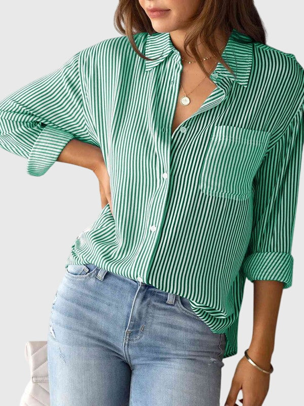 Striped Collared Three Quarter Sleeve Button Front Shirt 16
