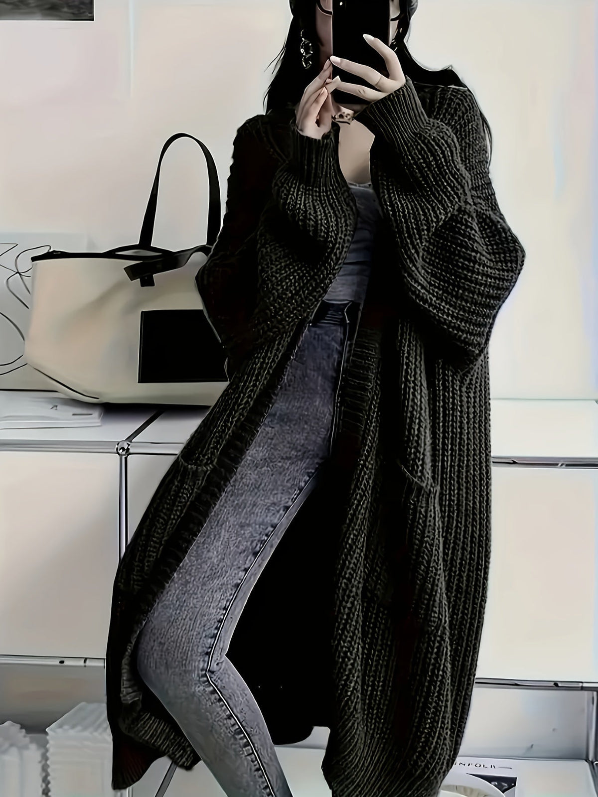 Waffle Knit Longline Open Front Cardigan 4