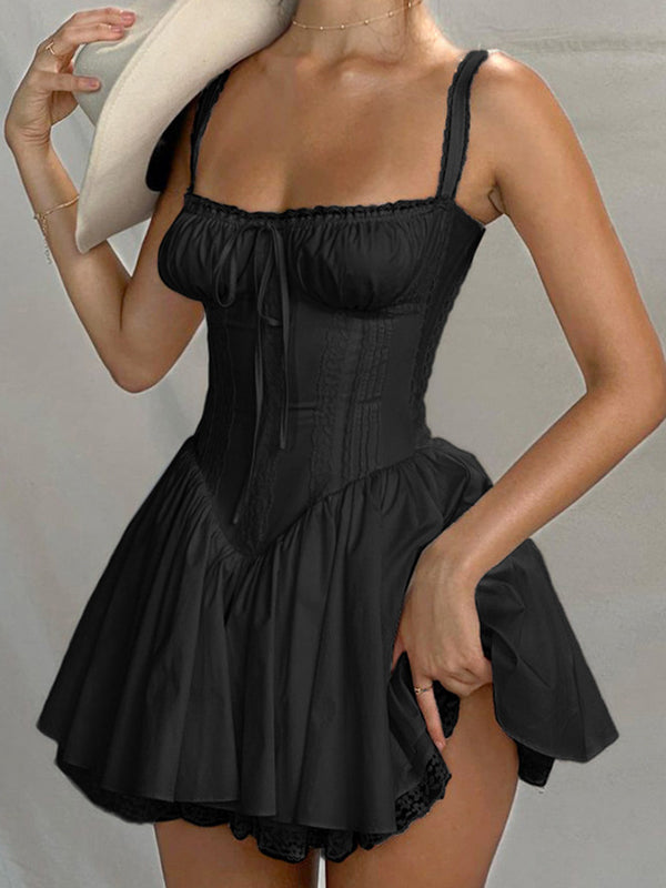 Lace Panel Corset Square Neck Basque Waist Pleated Mini Dress