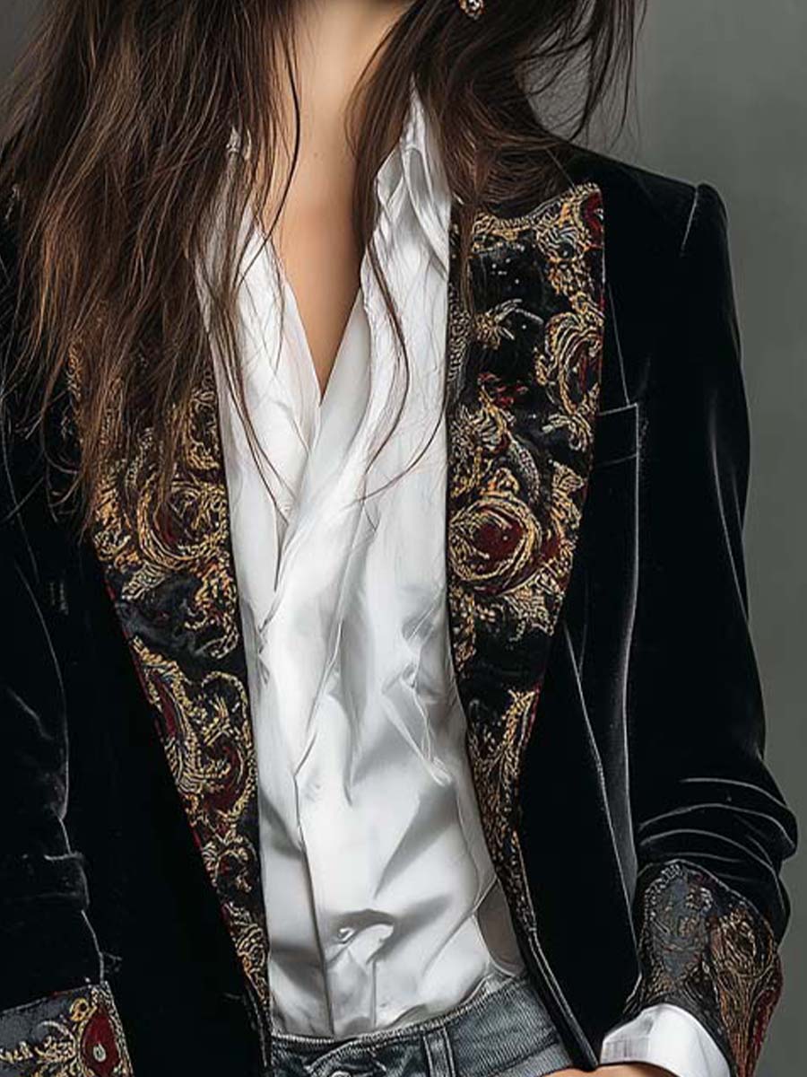 Baroque Brocade Lapel Velvet Look Longline Blazer 5
