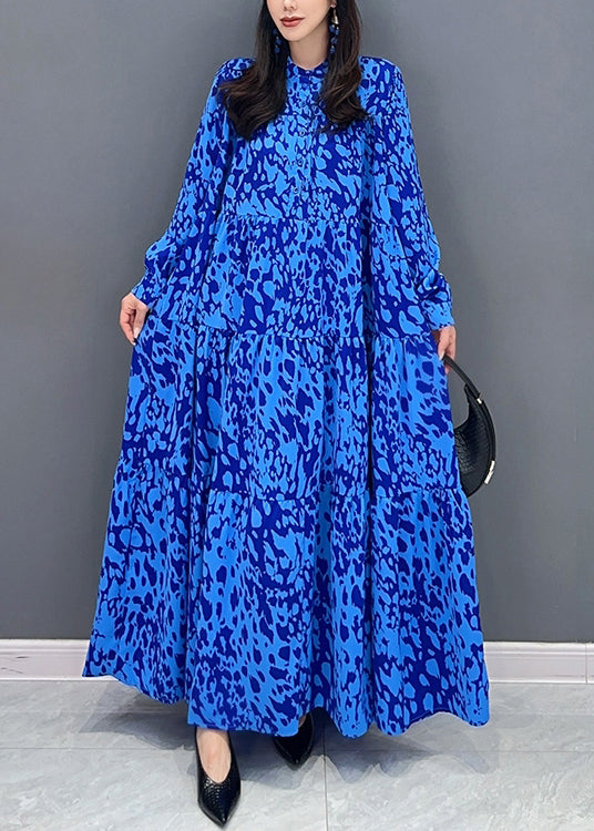 Abstract Print Mandarin Collar Button Front Tiered Maxi Dress