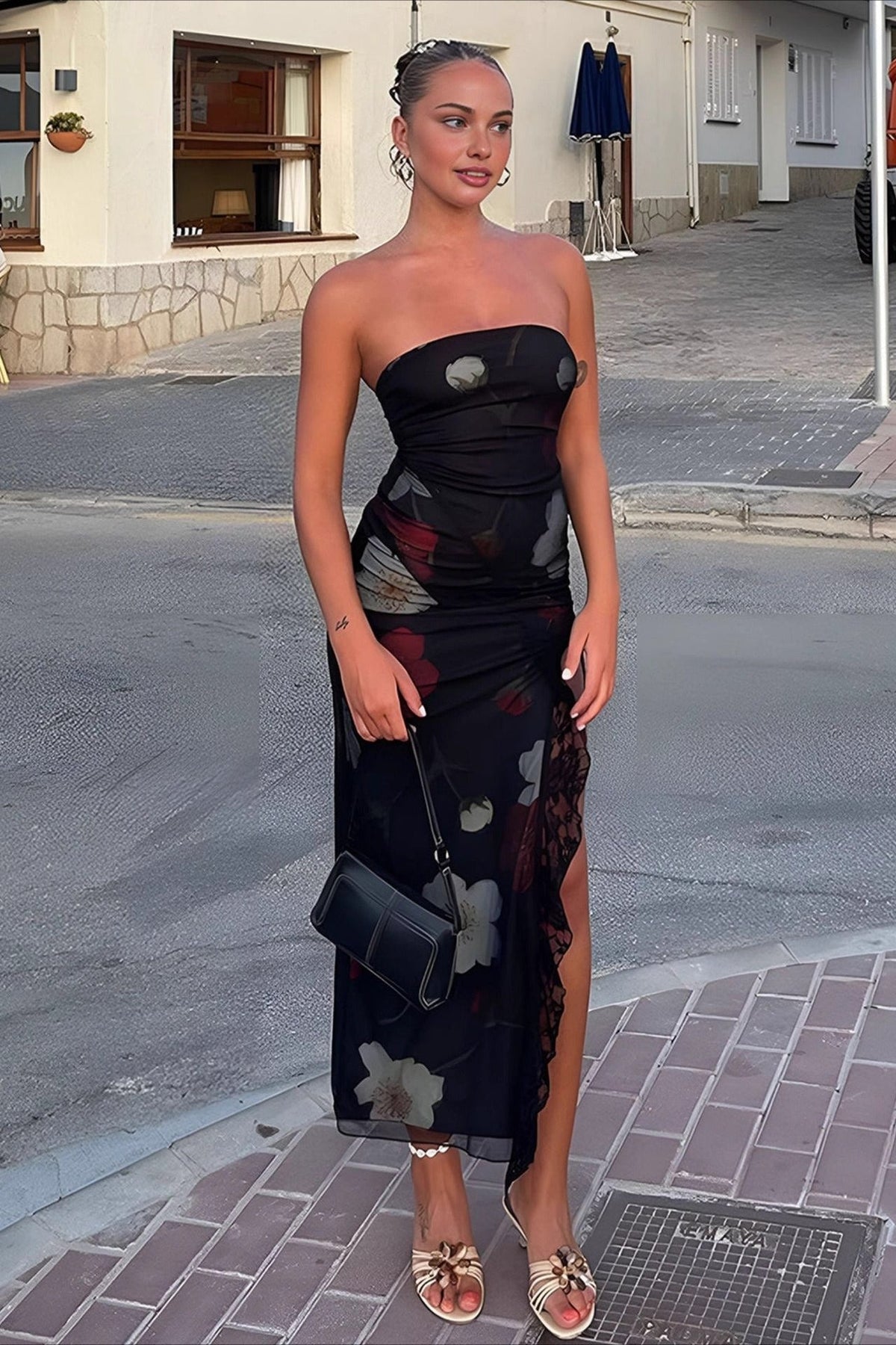 Off Shoulder Mesh Strapless Slit Slim Floral Dress - View 5